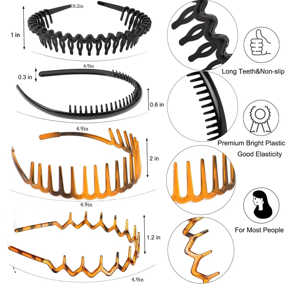 Four styles of teeth comb headband laid out side by side
