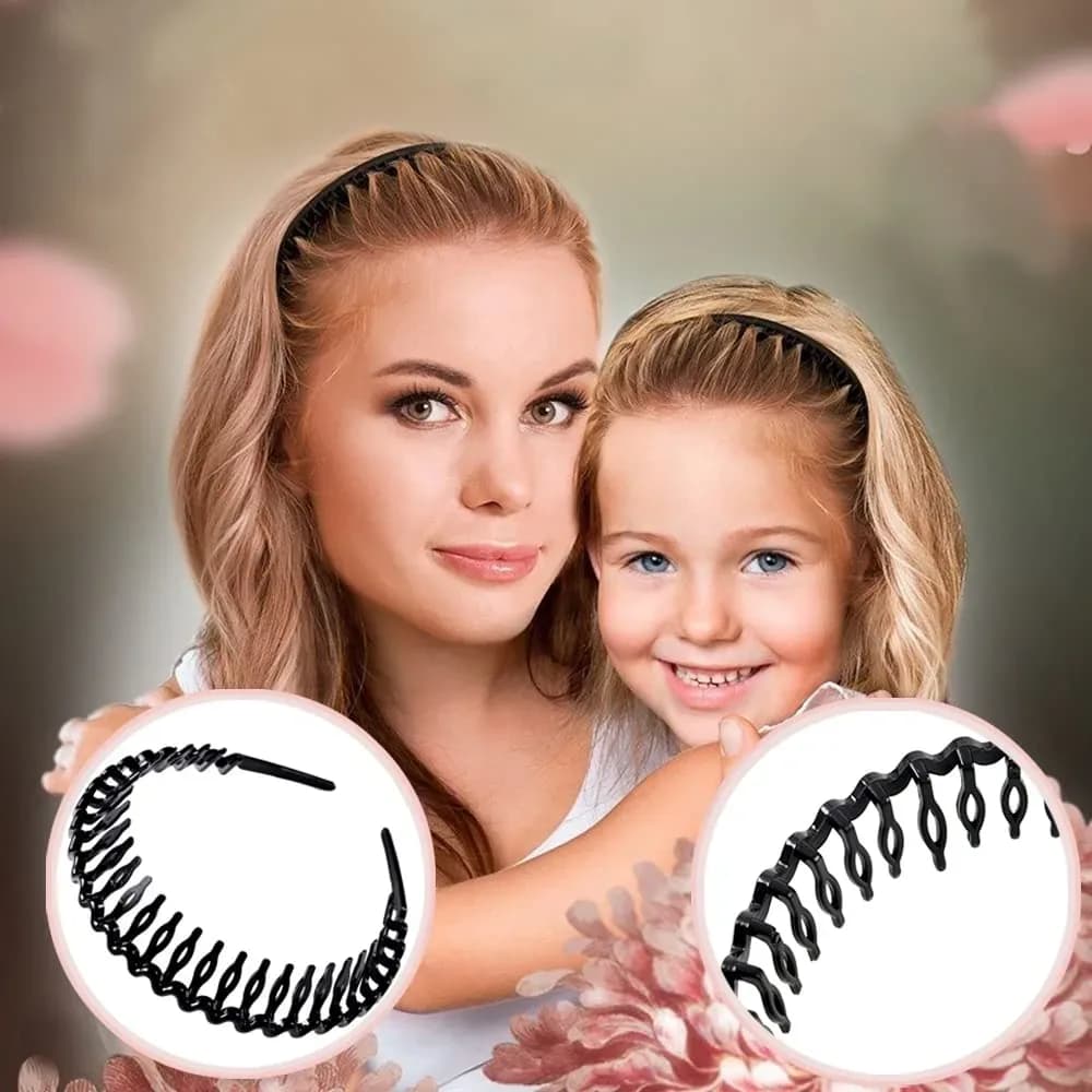 Mother and daughter each wearing a teeth comb headband