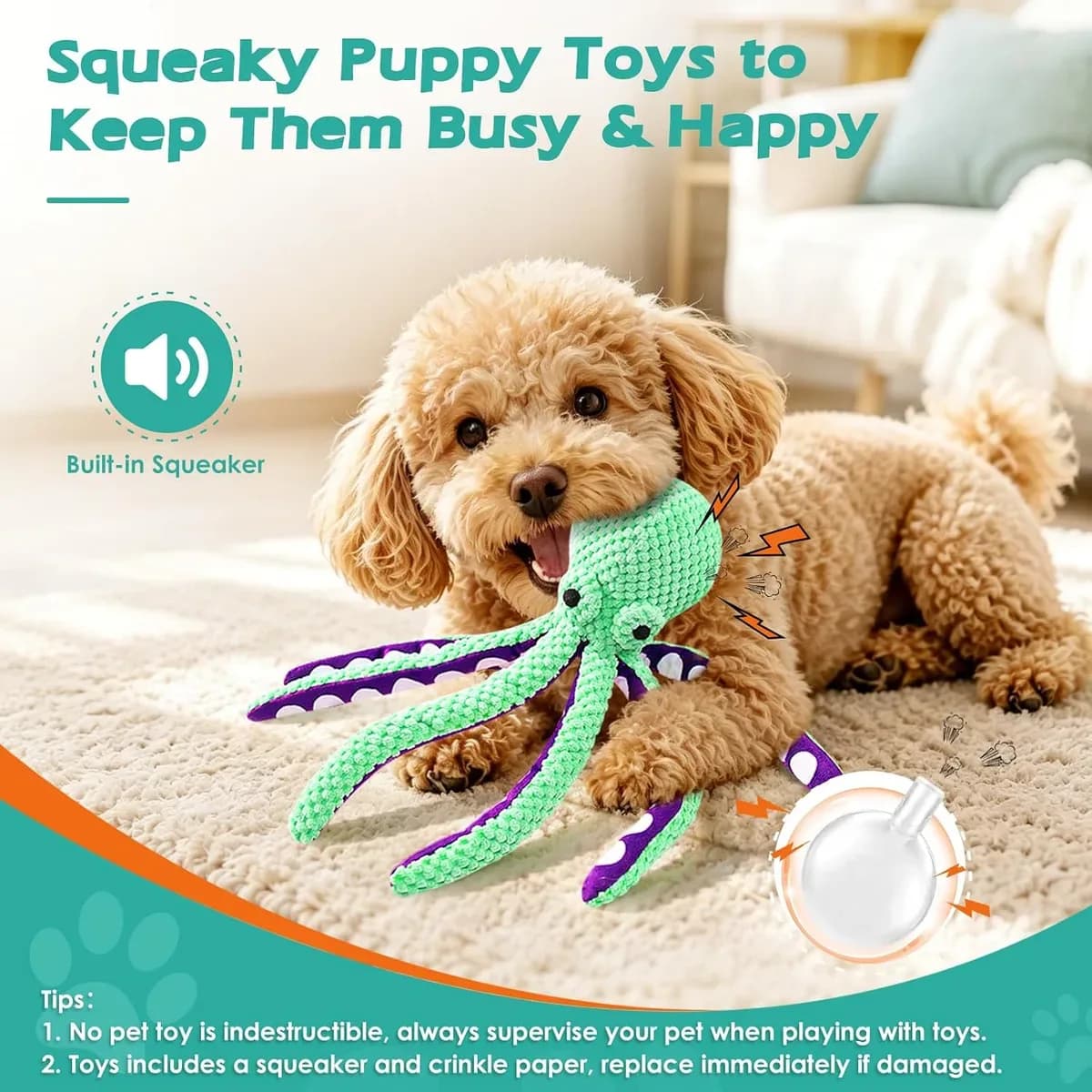 Dog playing happily with the squeaky octopus dog toy