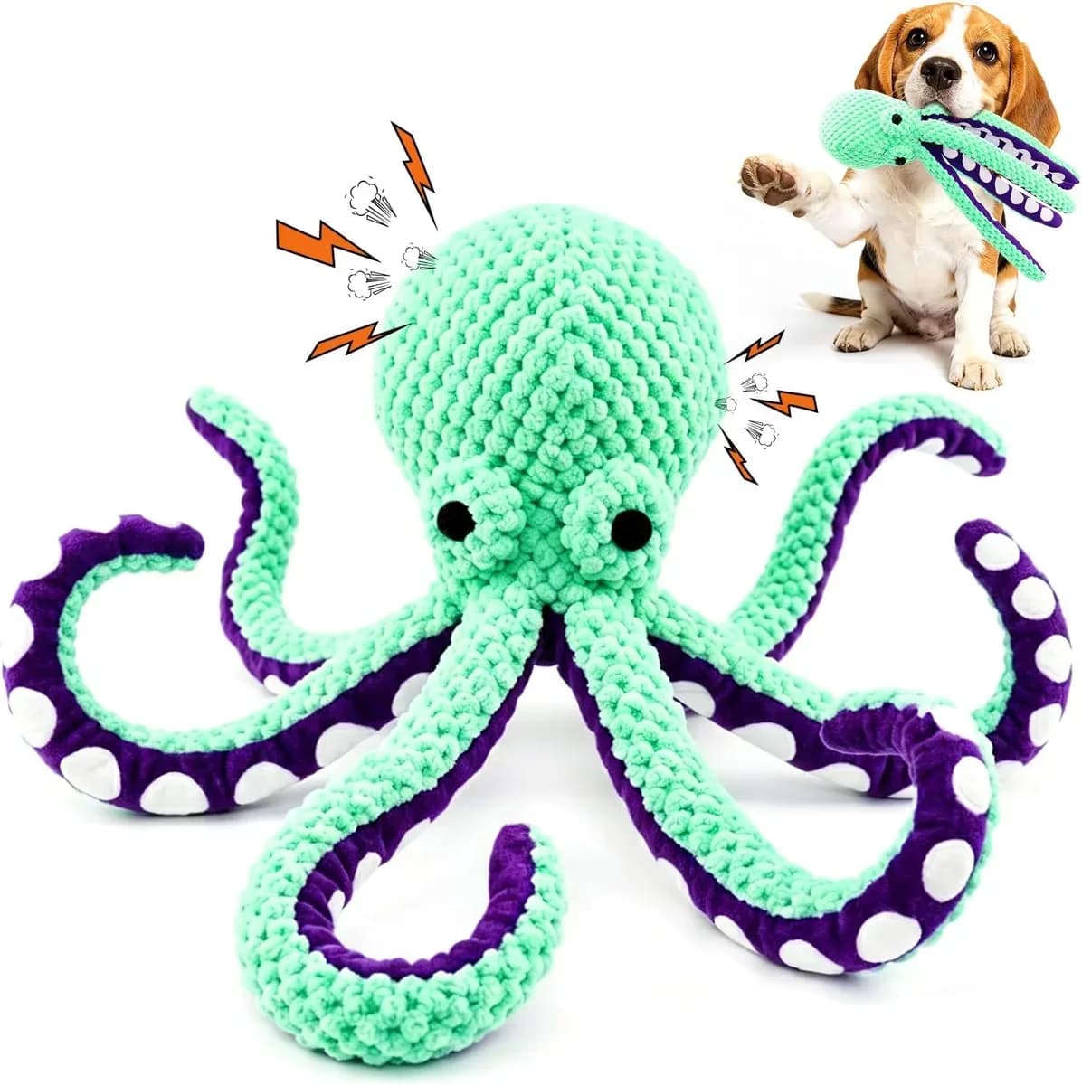 Green squeaky octopus dog toy with long plush tentacles
