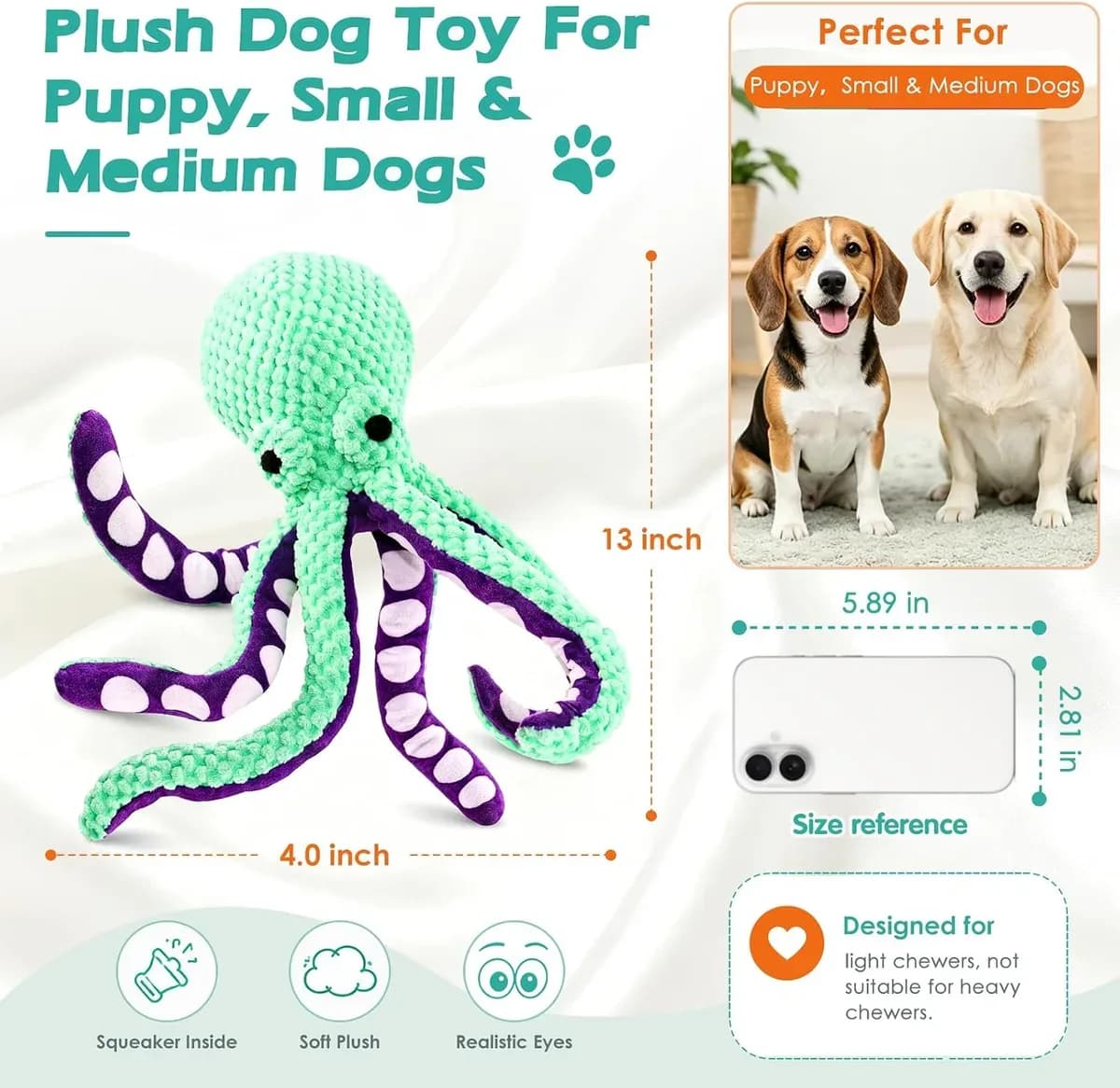 Size of the squeaky octopus dog toy measured in inches