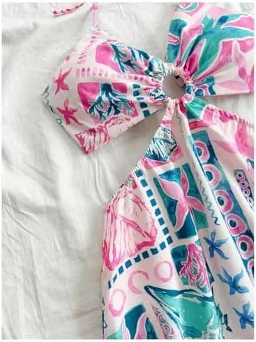 Close-up of the print and fabric of the floral halter sundress