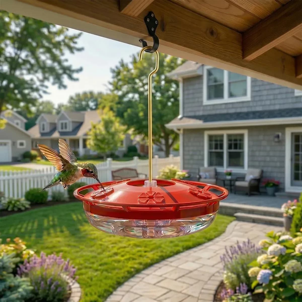 Saucer hummingbird feeder hanging from a porch hook