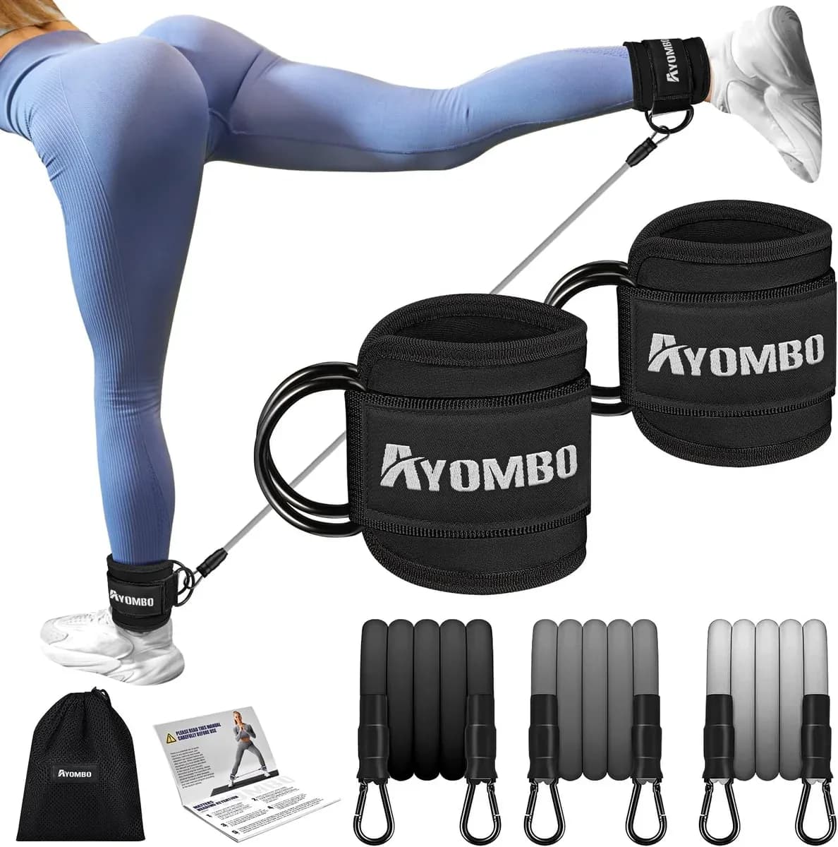 Ankle resistance bands with cuffs in black