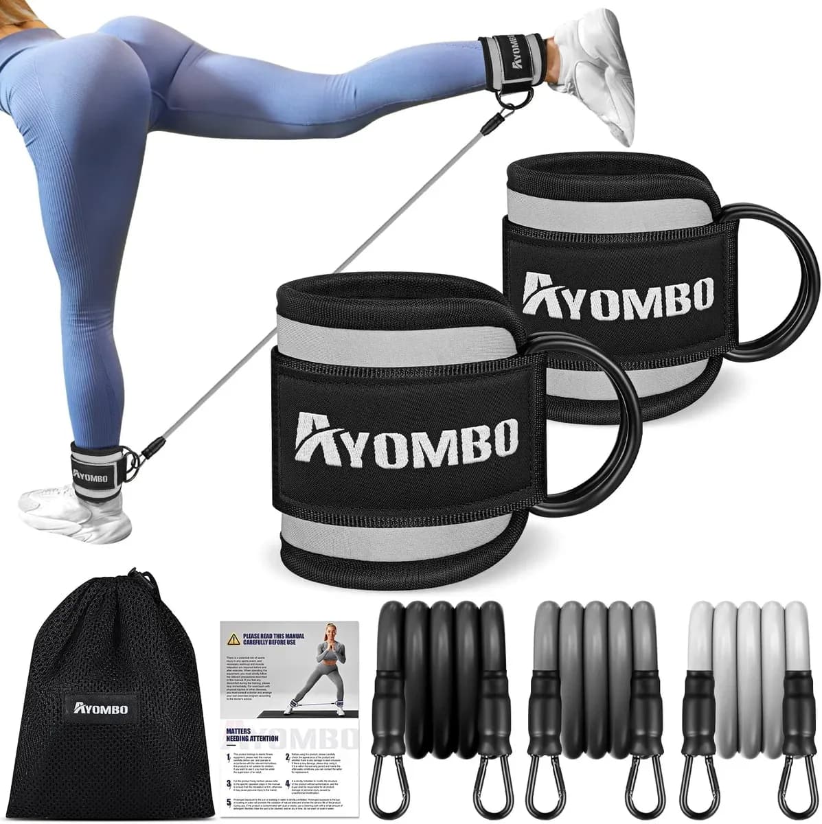 Ankle resistance bands with cuffs in grey