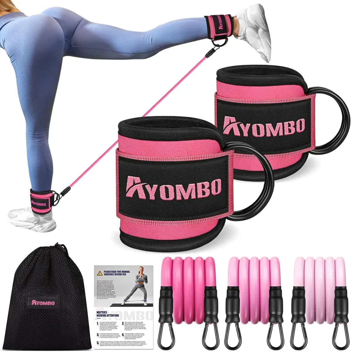 Ankle resistance bands with cuffs in pink