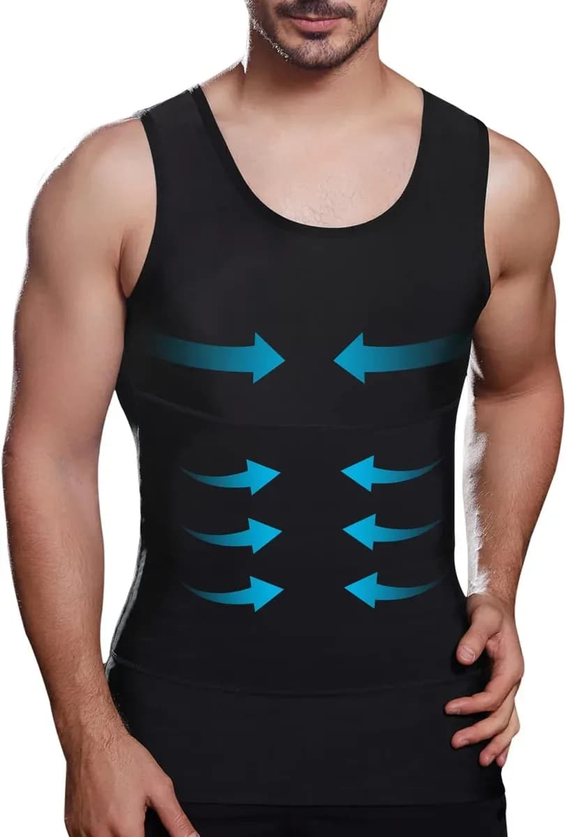 Black slimming compression vest for men, sleeveless tank style