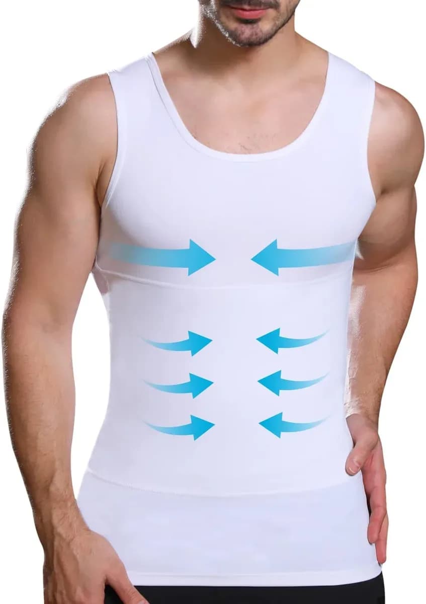 White slimming compression vest for men, sleeveless tank style