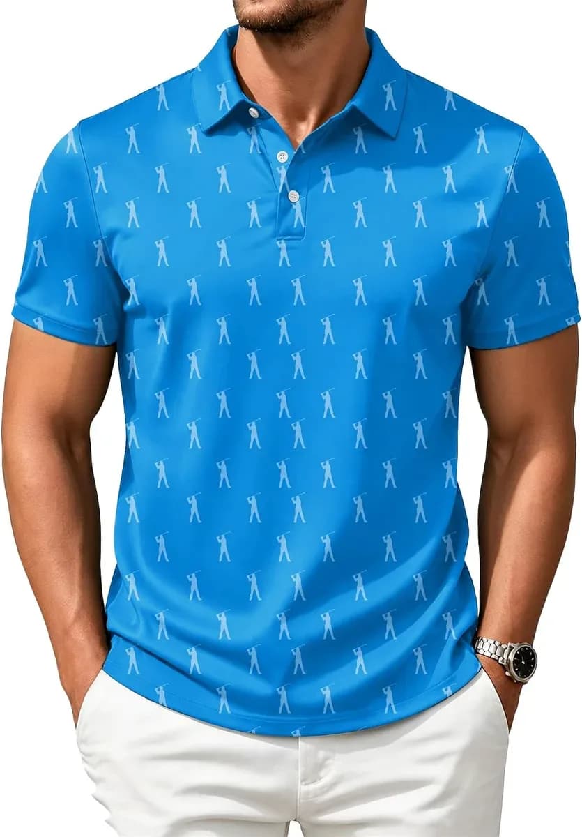 Printed golf polo shirt in blue golf print