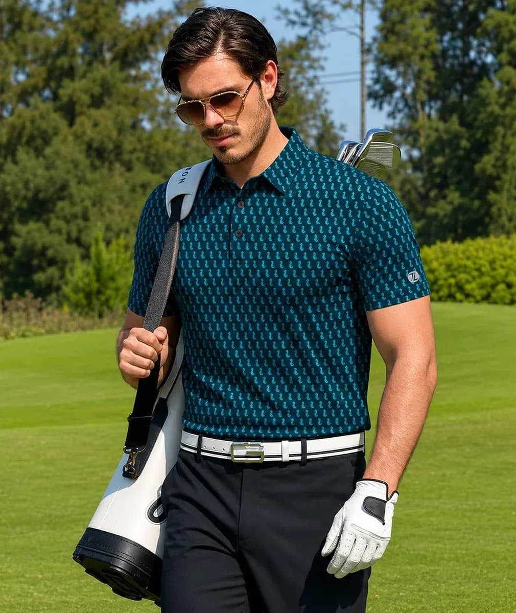 Golfer out on the course wearing a printed golf polo shirt