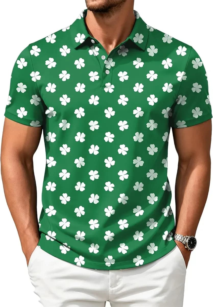 Printed golf polo shirt in green clover print