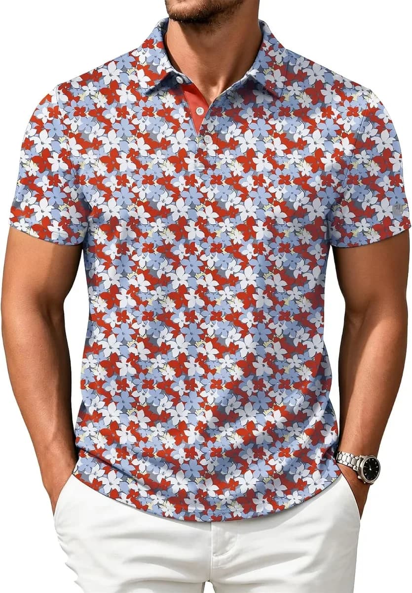 Printed golf polo shirt in red maple leaf print