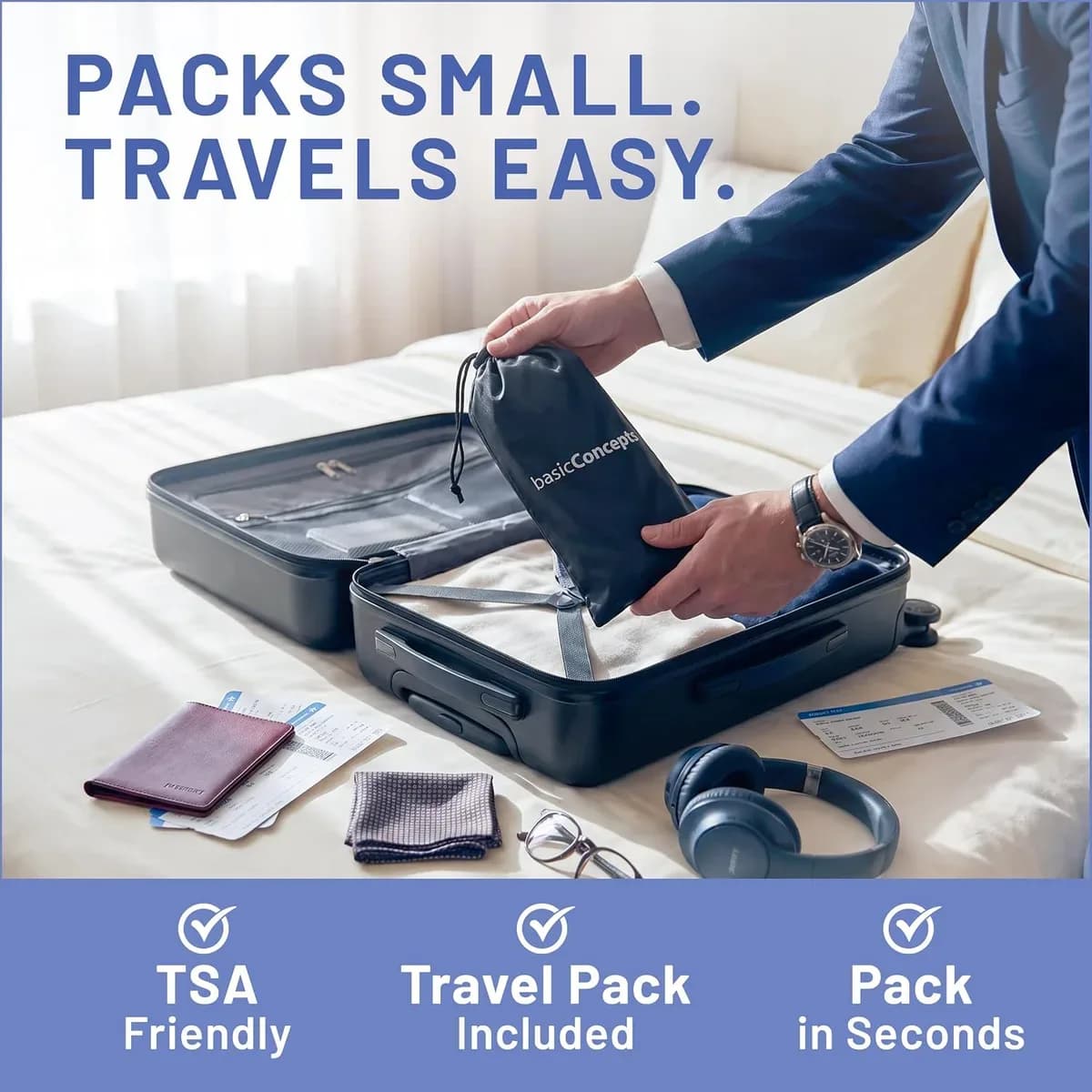 Airplane foot hammock folded small next to its pouch