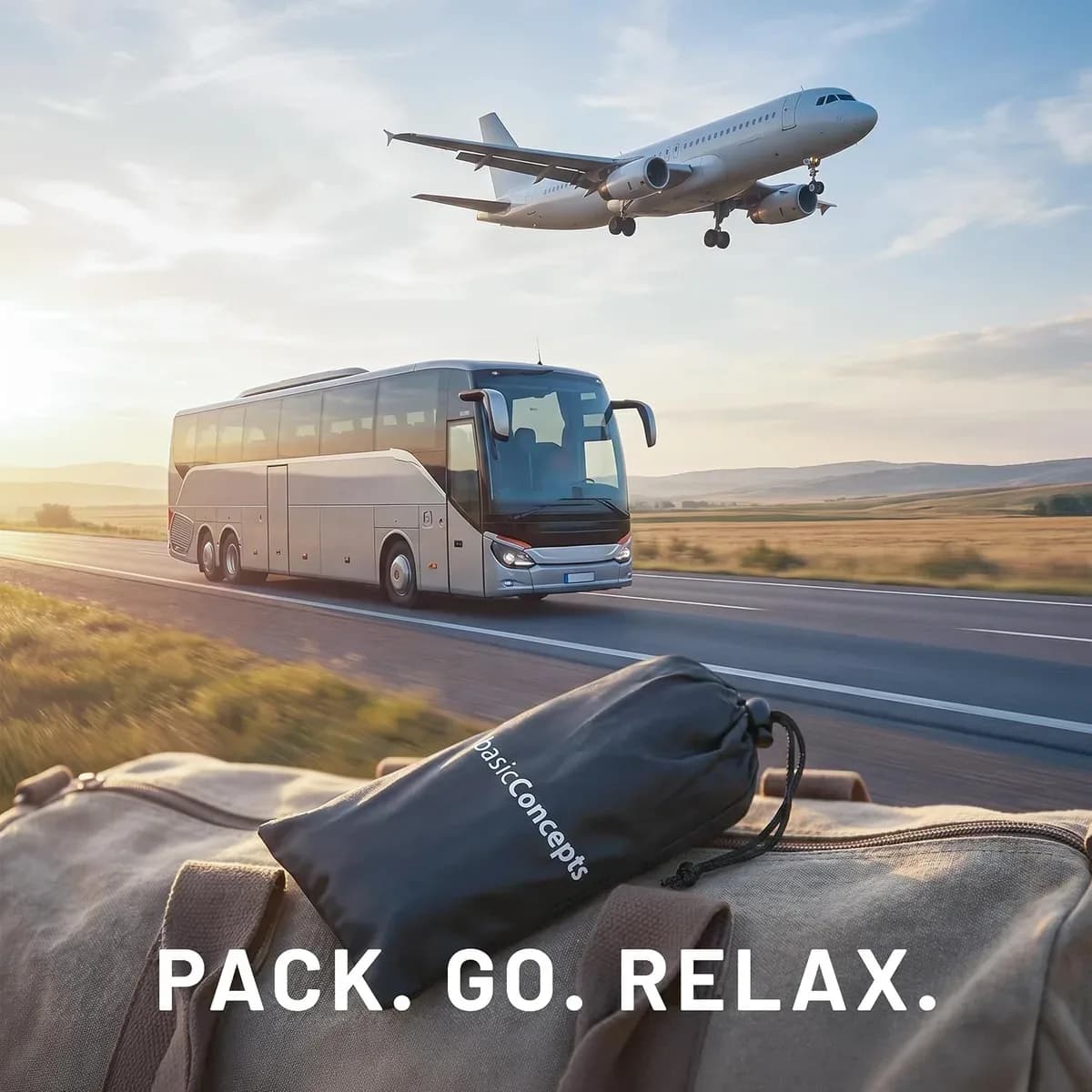 Airplane foot hammock packed into its pouch for travel