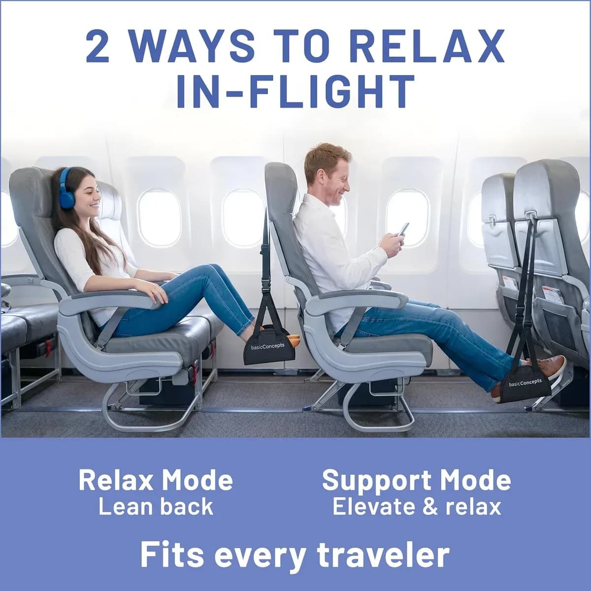 Airplane foot hammock shown in two resting positions