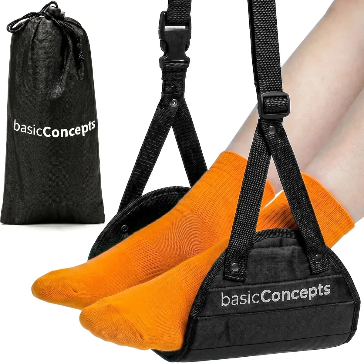 Padded airplane foot hammock with its small travel pouch