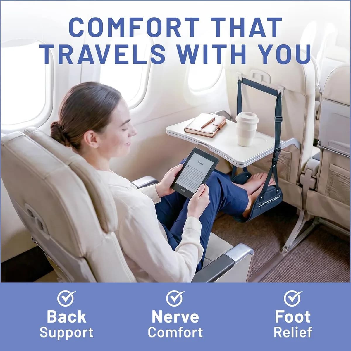 Woman relaxing on a flight with an airplane foot hammock