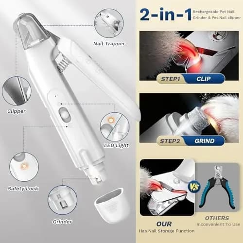 Dog nail clipper and grinder in use on a dog's paw