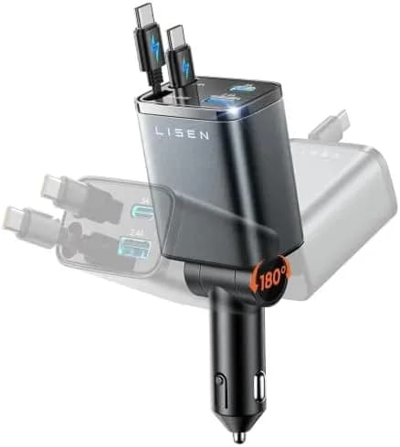 Retractable car charger with two USB-C cables in a car socket