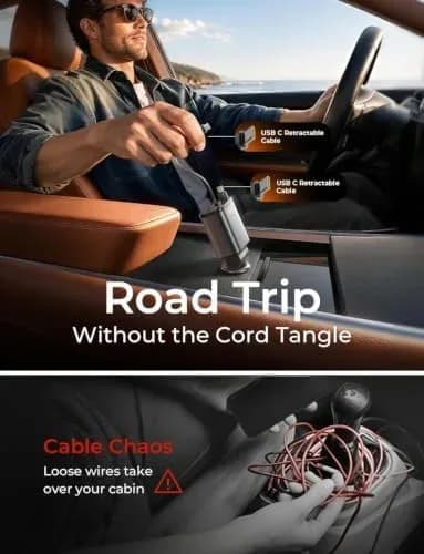 Detail of the retractable car charger USB-A and USB-C ports