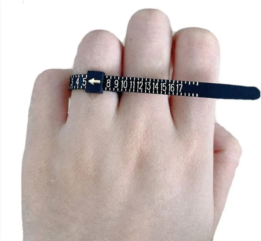 Measuring a finger with the reusable ring sizer, product photo