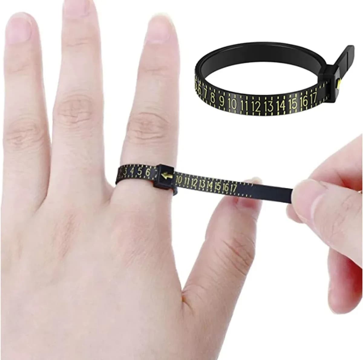 Reusable ring sizer looped around a finger to measure size