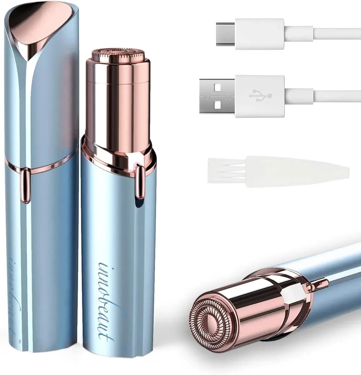 Facial hair remover with its USB cable and cleaning brush