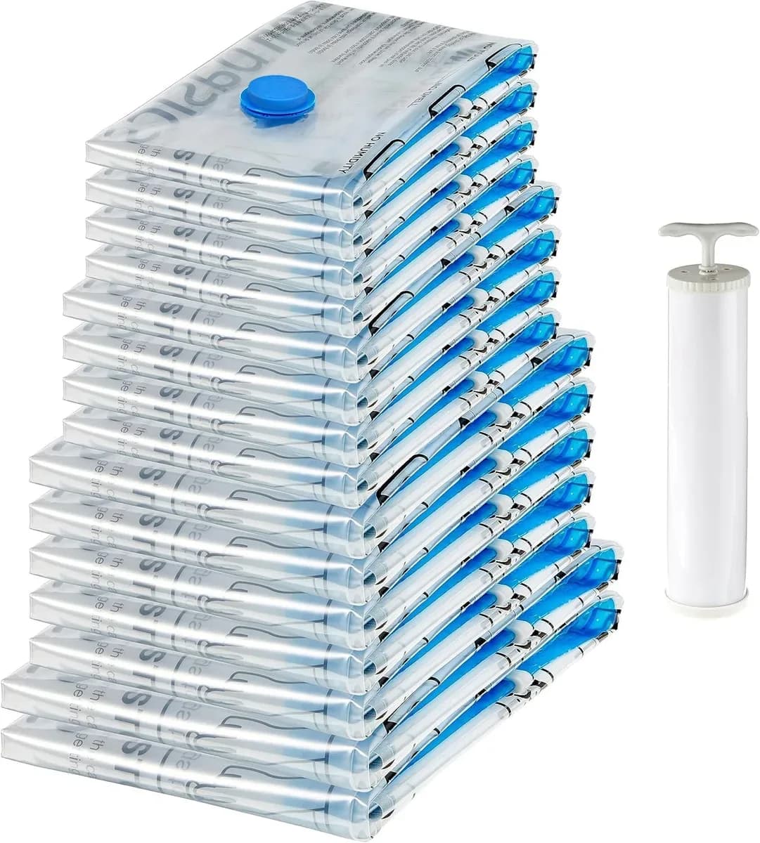 Assorted 15-pack of vacuum storage bags with hand pump in four sizes