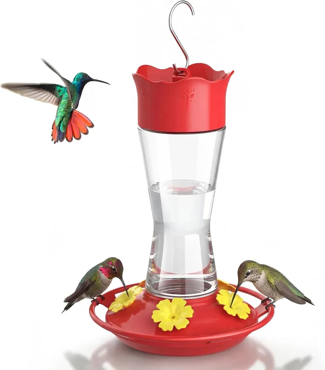 Clear glass hummingbird feeder option with flower-shaped ports