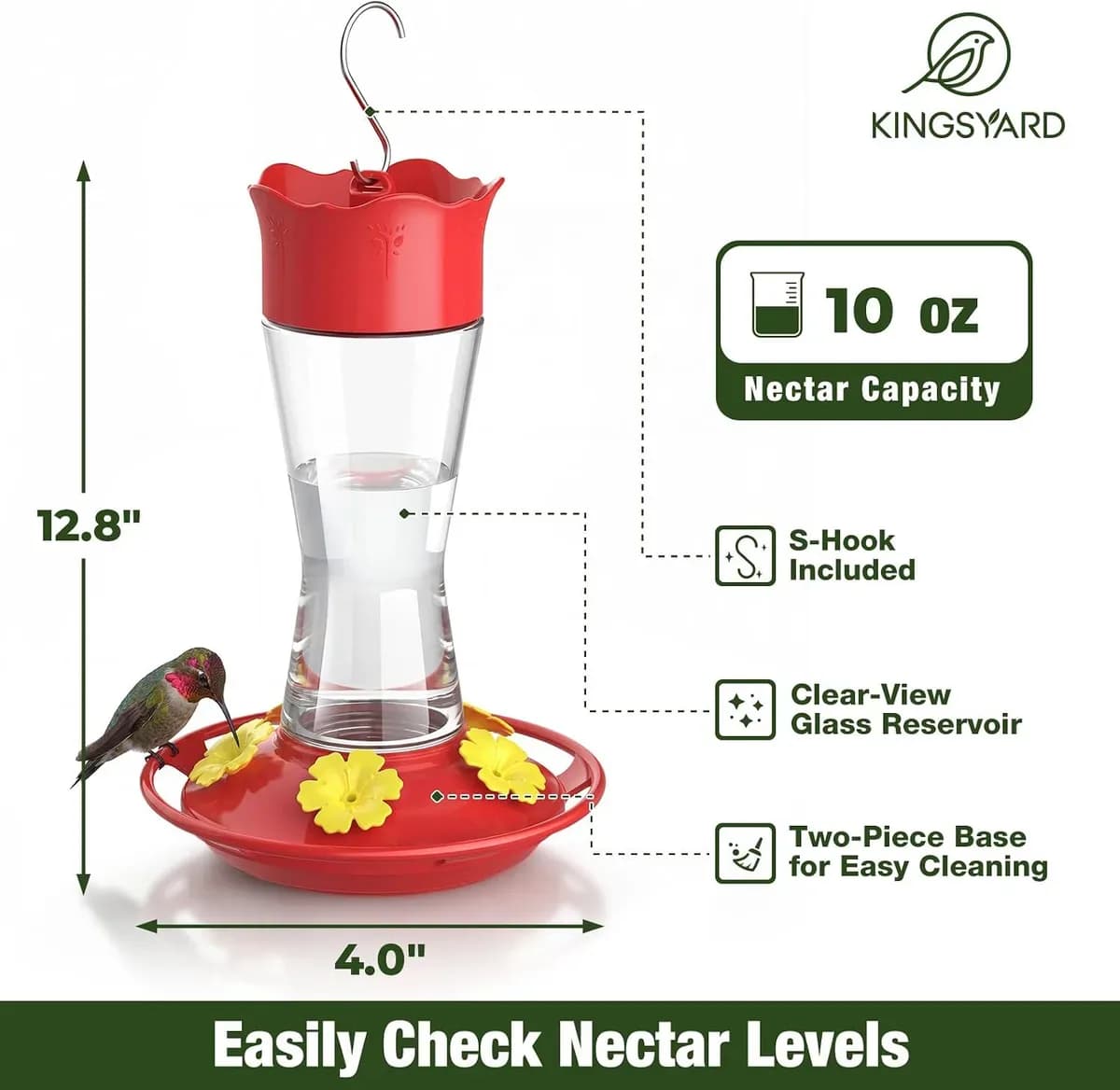 Glass hummingbird feeder size guide with 10 oz capacity