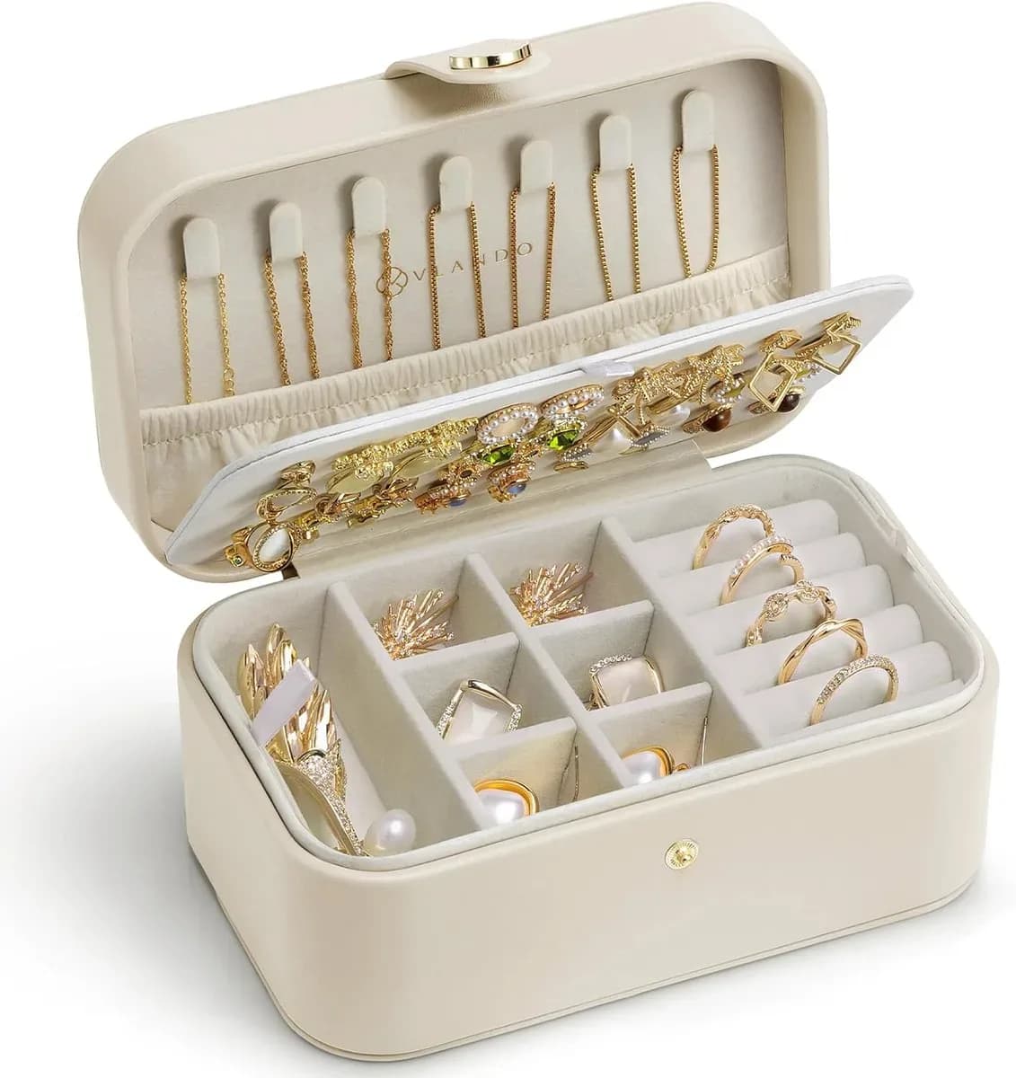 Travel jewelry case in a soft beige faux leather