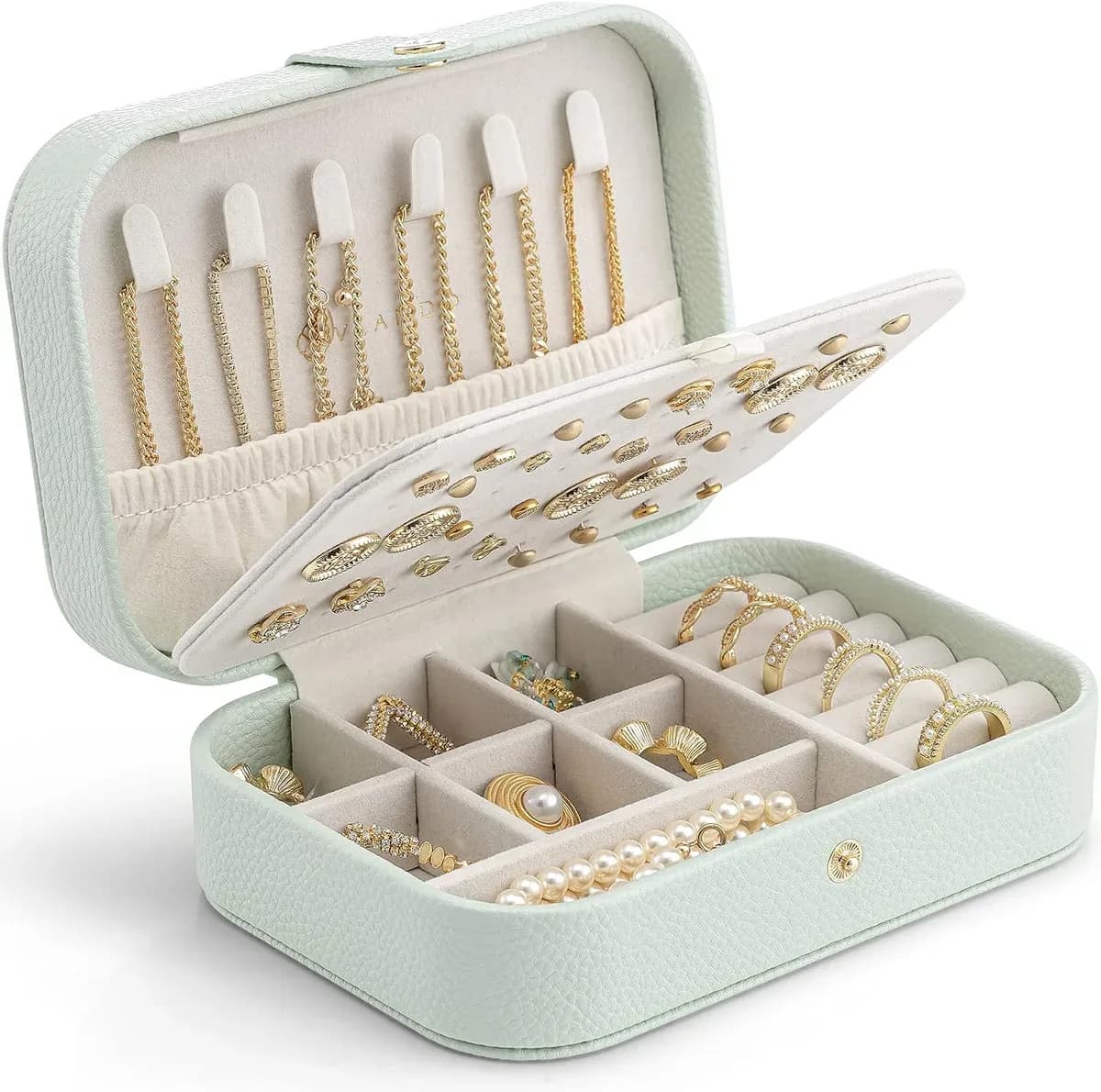 Travel jewelry case in mint green faux leather