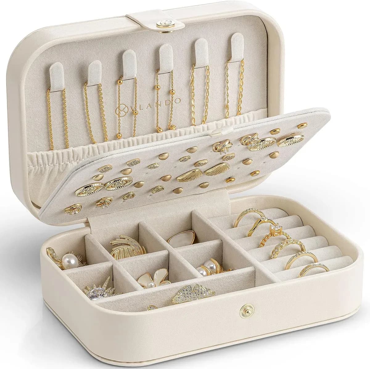 Open travel jewelry case showing both storage layers
