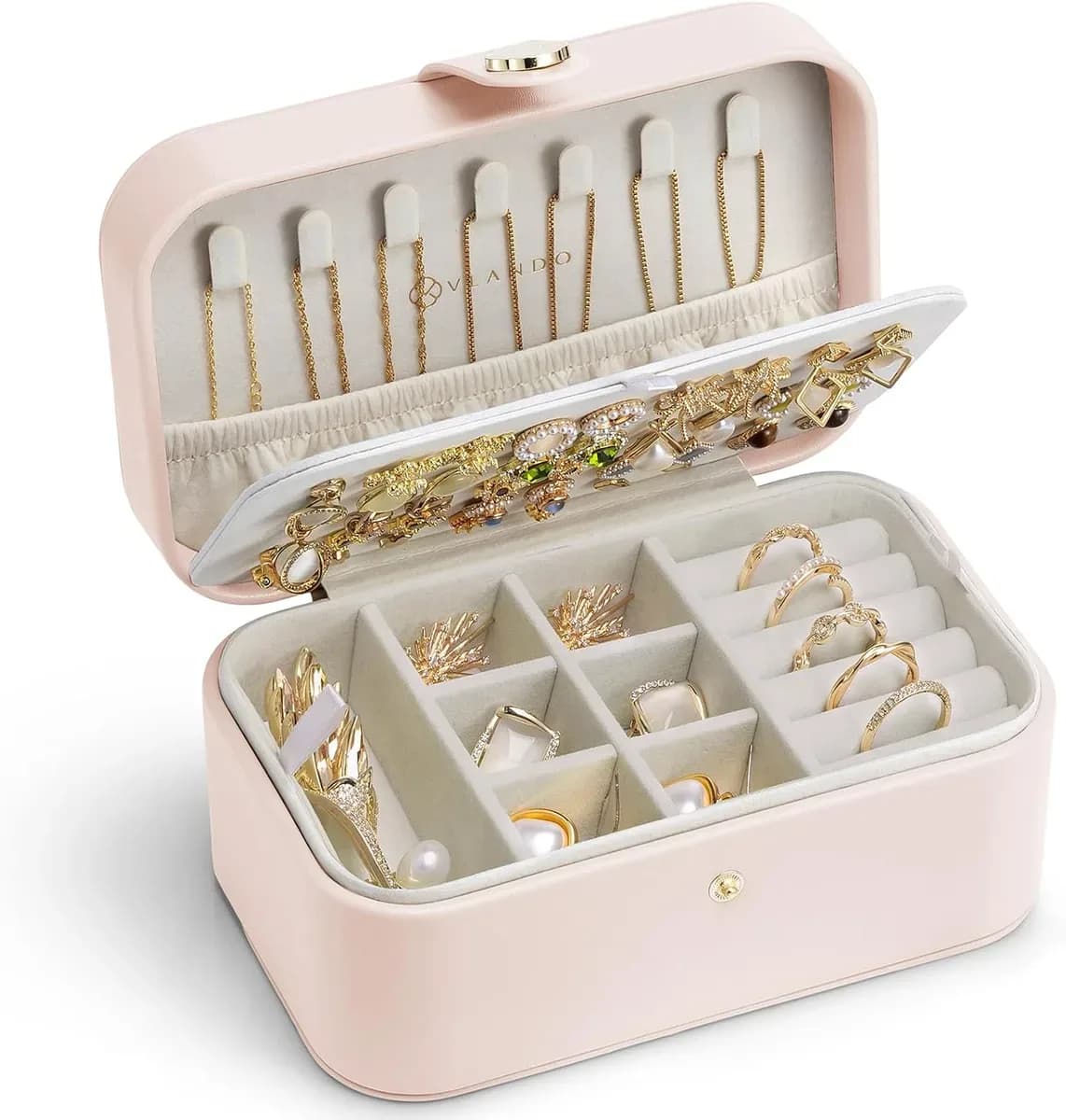 Travel jewelry case in pink, large size with extra depth