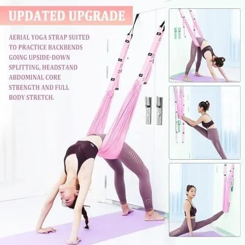 Woman using the leg stretcher strap on a door for splits