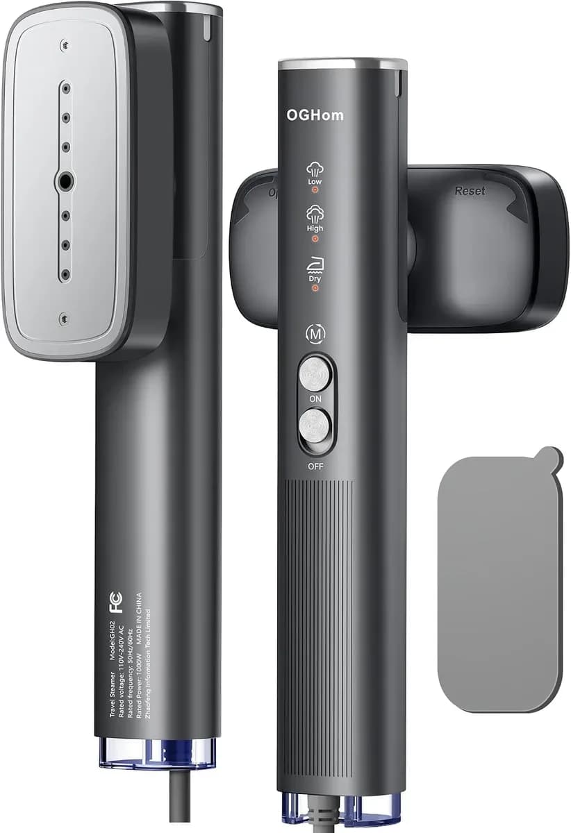 Travel steamer for clothes in black, handheld design