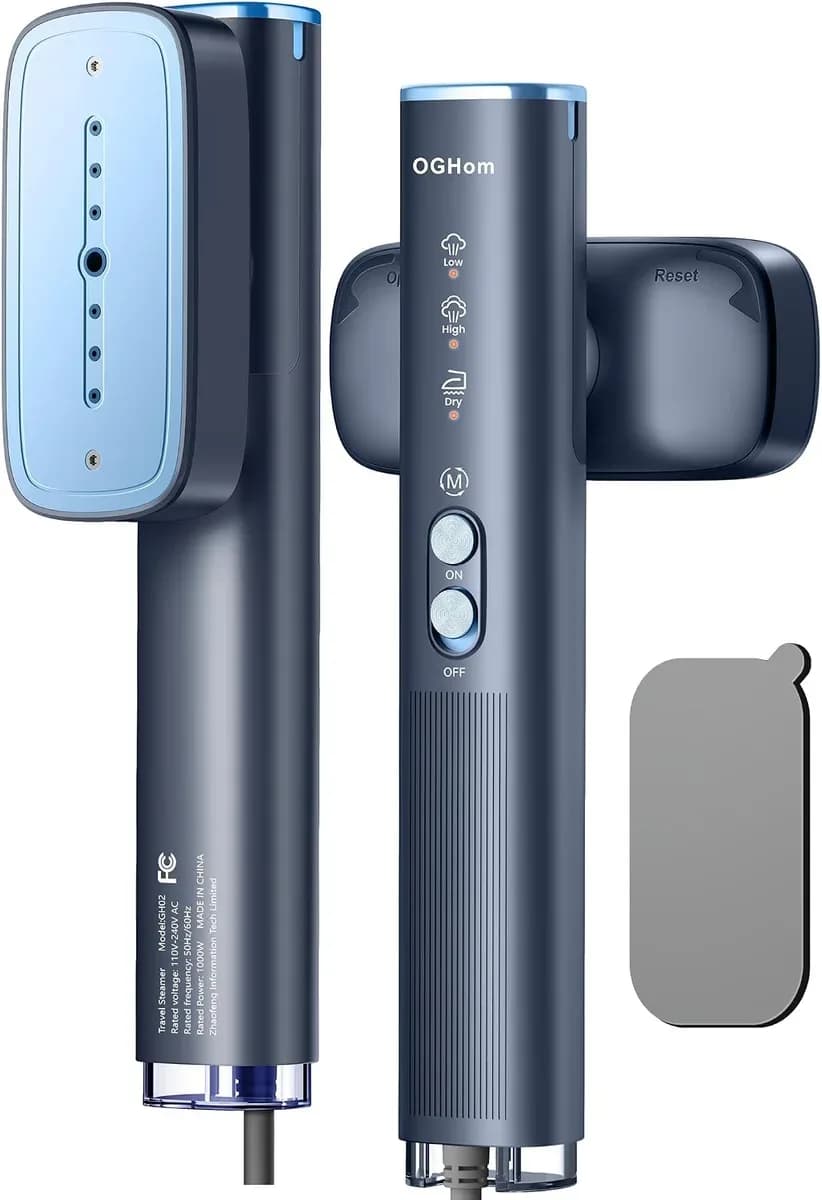 Travel steamer for clothes in blue, compact body