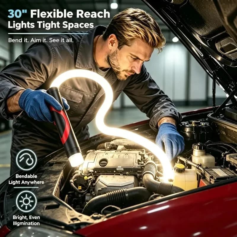 Flexible LED flashlight in use lighting a repair job