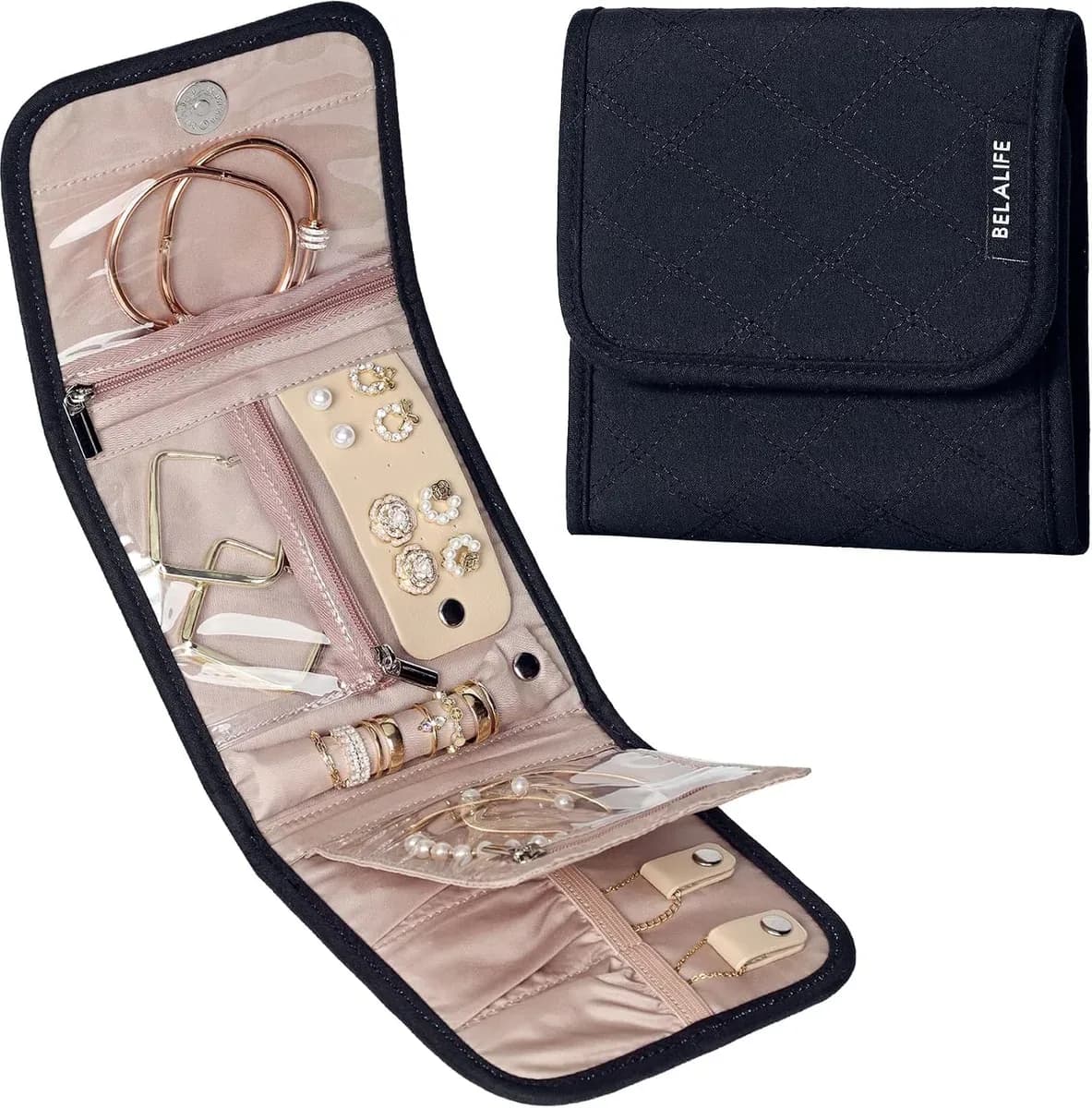 Black jewelry roll organizer for travel