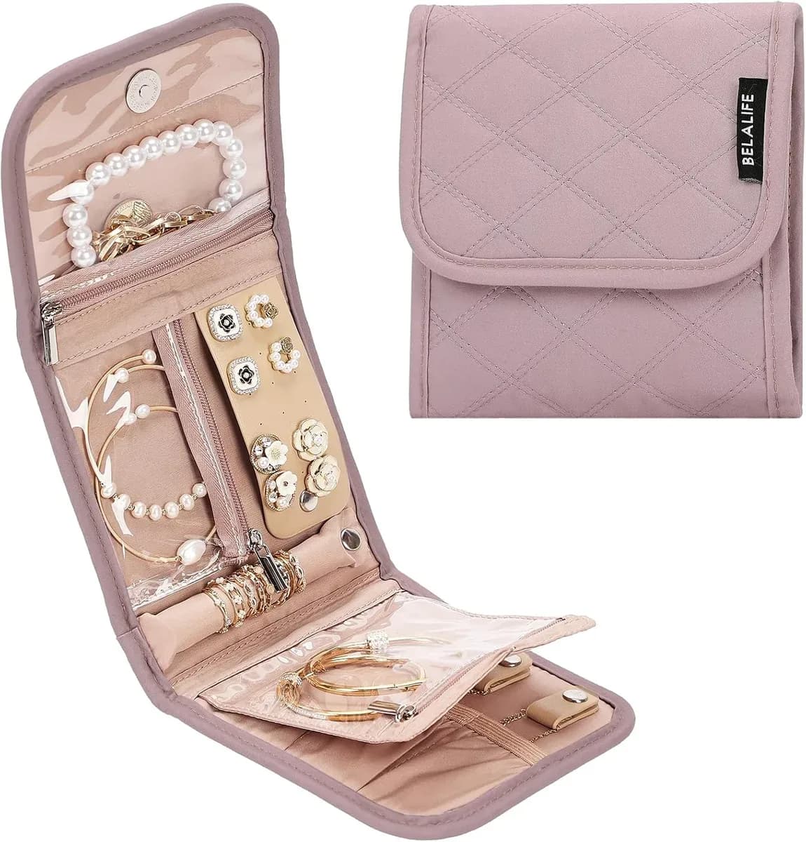 Jewelry roll organizer in the peach pink color option