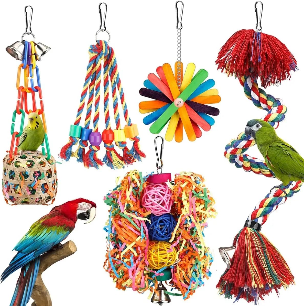 Bird toys for parrots with rope perch, basket and shredding toys