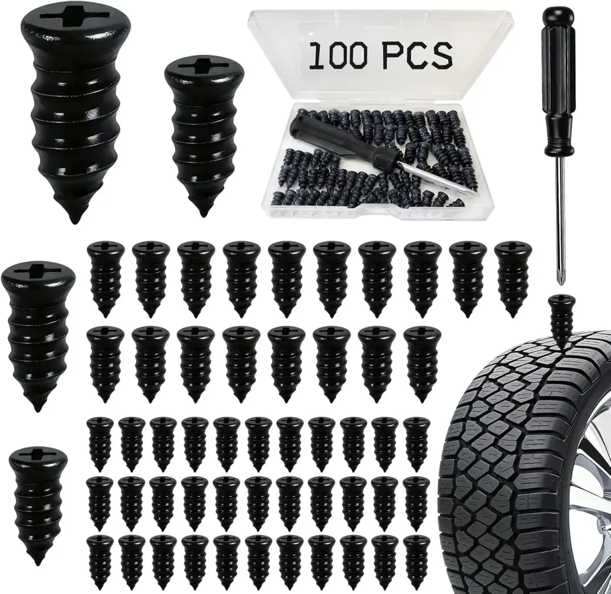 Tire plug kit with screw-in rubber nails and screwdriver