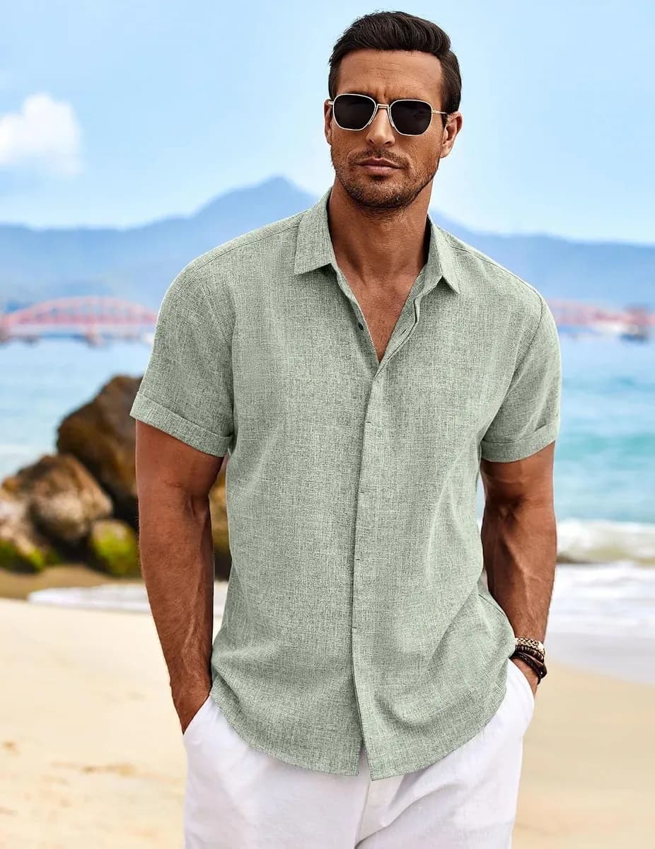 Man wearing a short sleeve linen shirt at the beach