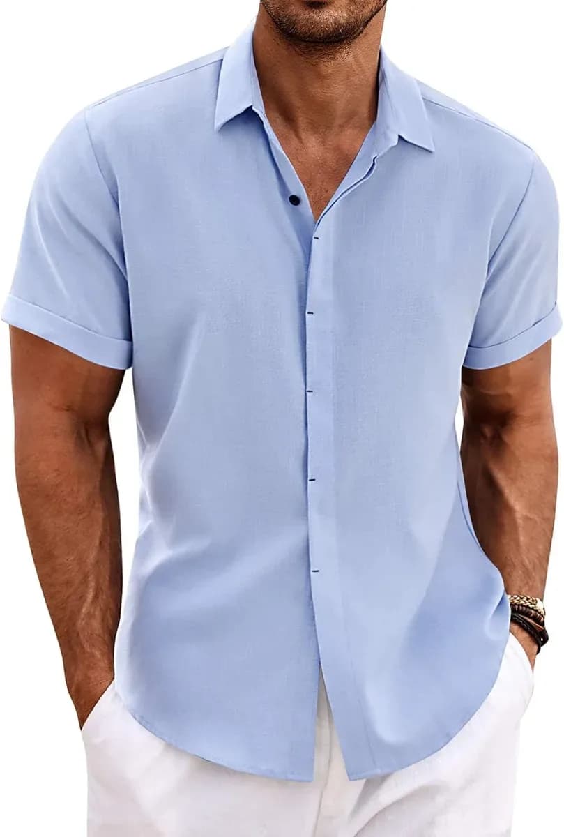 Short sleeve linen shirt for men in blue