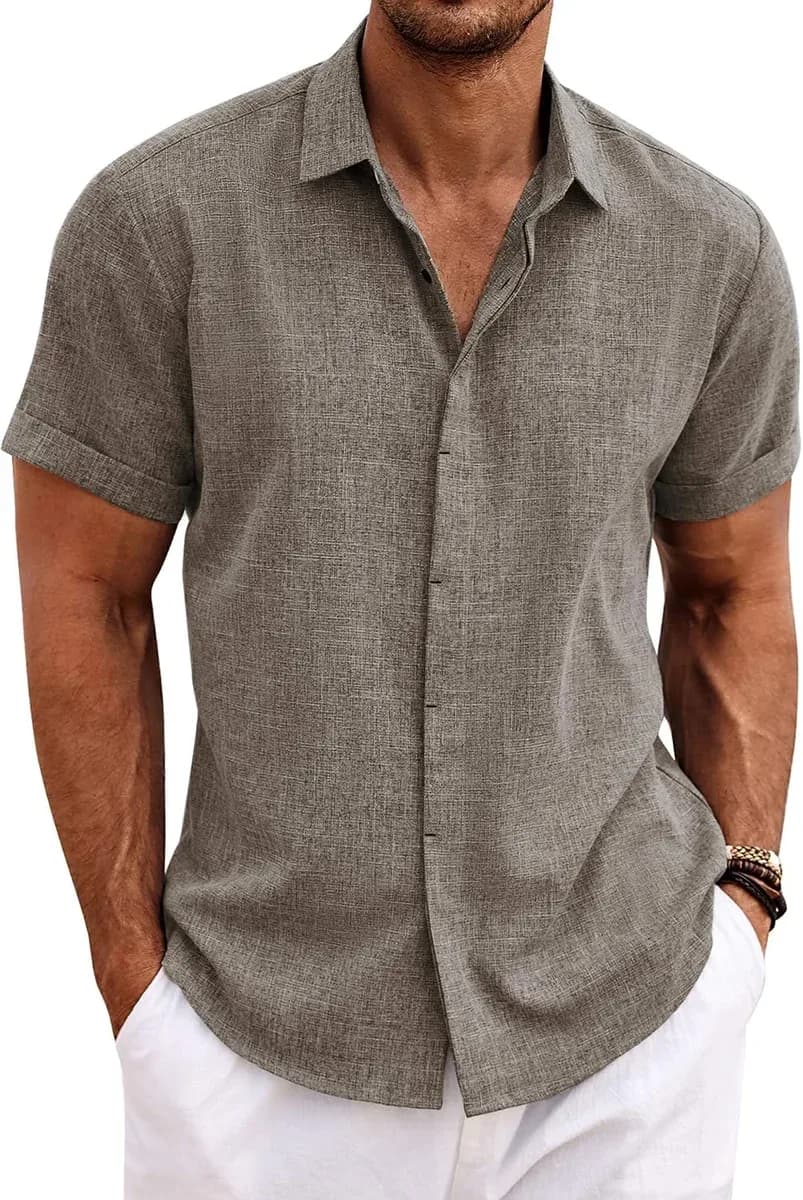 Short sleeve linen shirt for men in brown