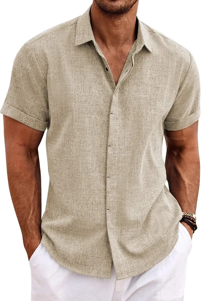 Short sleeve linen shirt for men in khaki