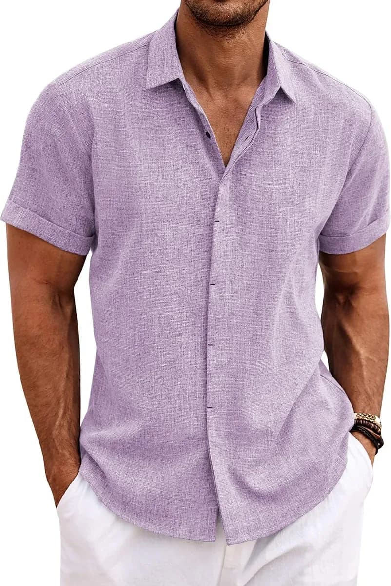 Short sleeve linen shirt for men in lavender