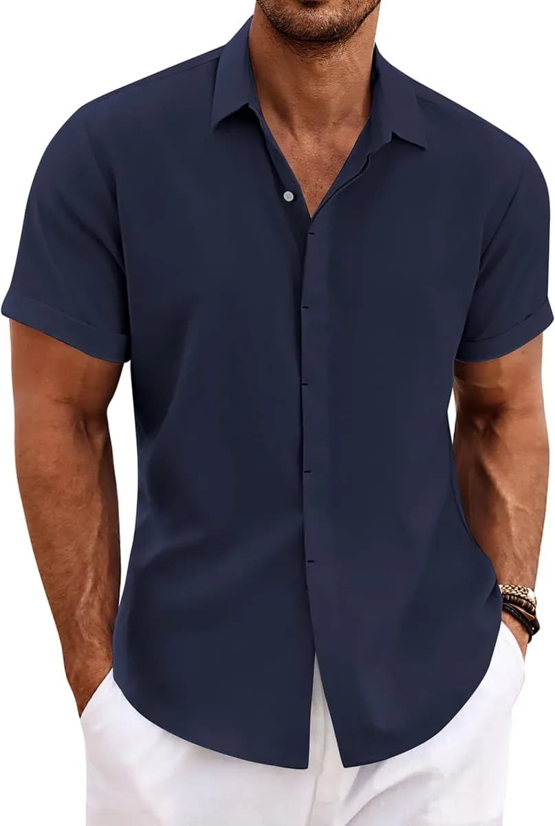 Short sleeve linen shirt for men in navy blue