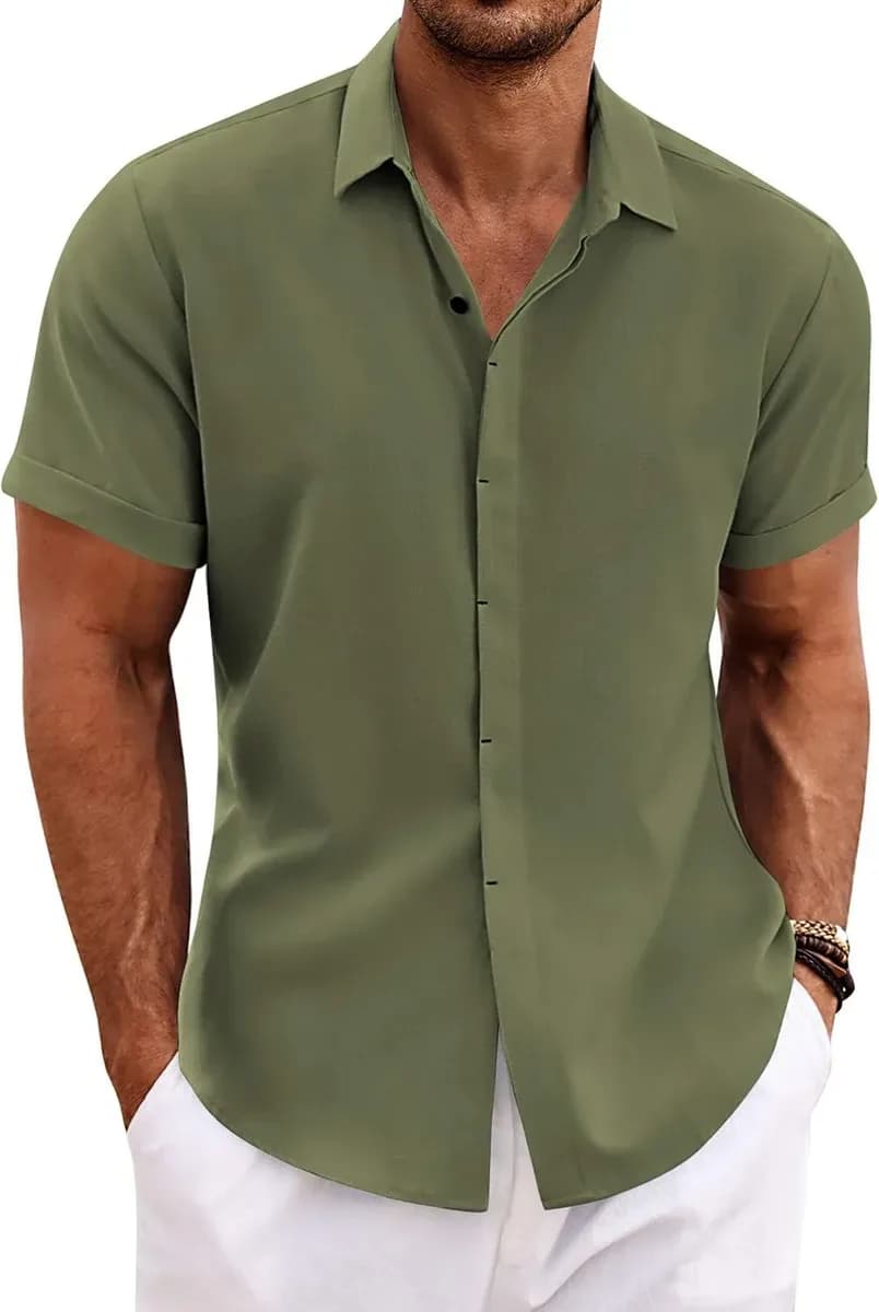 Short sleeve linen shirt for men in olive green