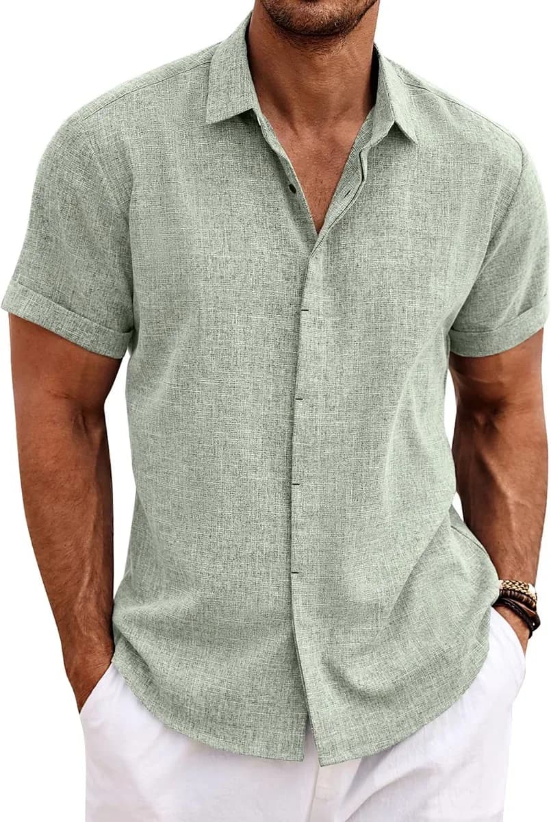 Sage green short sleeve linen shirt for men